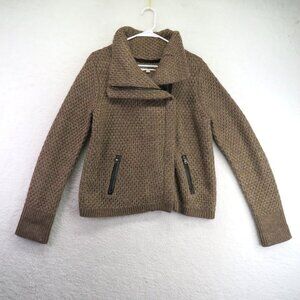 Ann Taylor Loft Sweater Womens Large Brown Zip Moto Collar Textured Knit Jacket